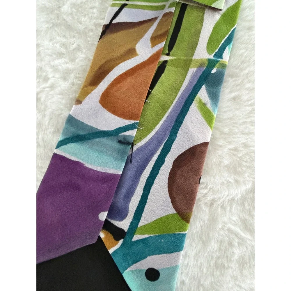 Iro Hand Painted Silk Tie Abstract Geometric Multi Color Purple Green Art‎